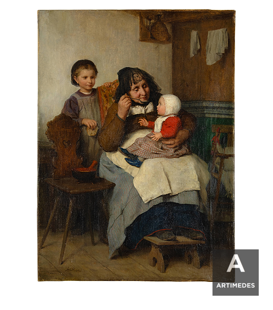 Albert Anker / Grossmutter, Ihrem Enkelkind Die Suppe Gebend - Front