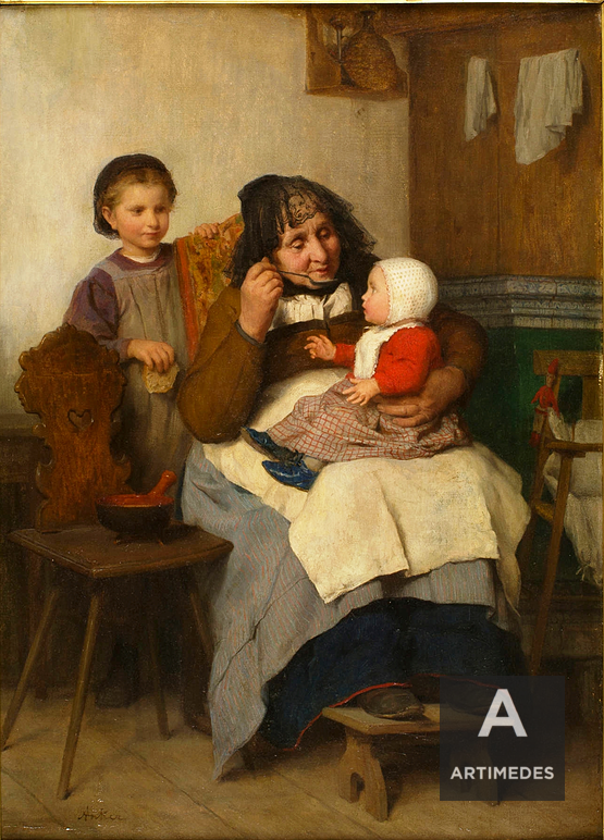 Albert Anker / Grossmutter, Ihrem Enkelkind Die Suppe Gebend - Front1